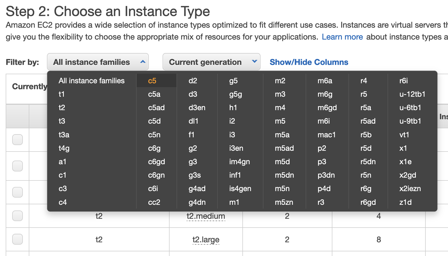 "Screenshot showing the menu for choosing an instance type in the AWS console"