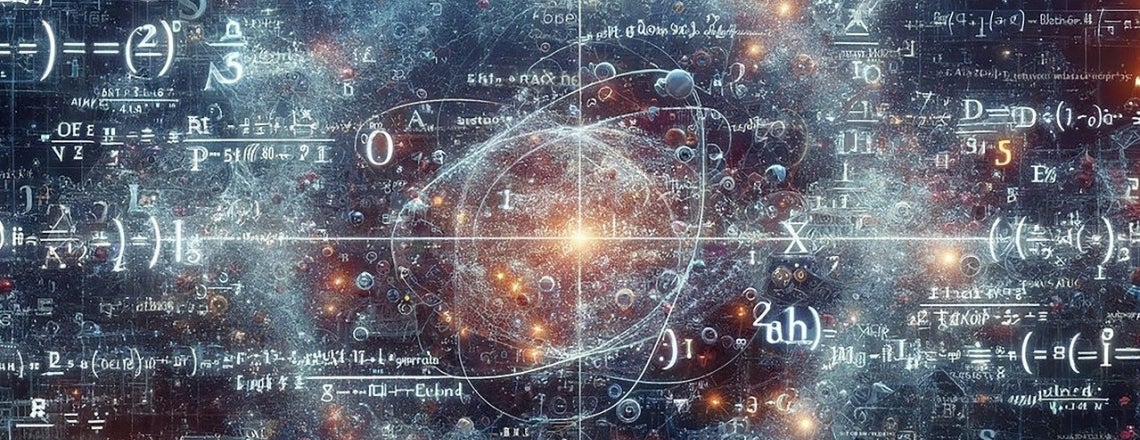 graphic depicting math equations and galaxies