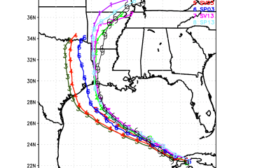 Figure 1: Track forecasts for Hurricane Laura initialized at 00 UTC August 25, 2020 for two 2-km HAFS configurations (orange and green), two 3-km SRW configurations (red and dark blue), and two 13-km SRW configurations (magenta and light blue).