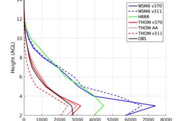Total area of discrete objects above 45 dBZ with height for a variety of models simulations (colored) and observations (black).